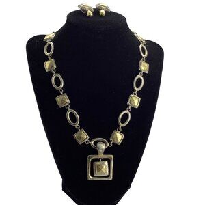Premier Designs Necklace Clip on Earrings Jewelry Set Silver Gold Two Tone 20"